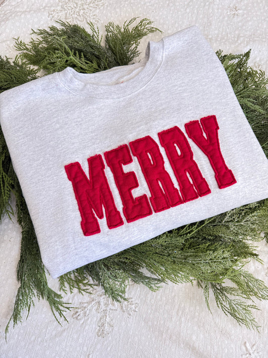 "Merry" Raw Hem Applique Crewneck